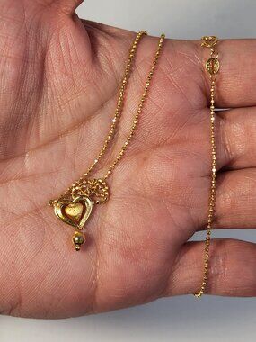 VTG 750 / 18K Solid Gold Double Heart Pendant & Beaded Link Necklace 18" 3.07g